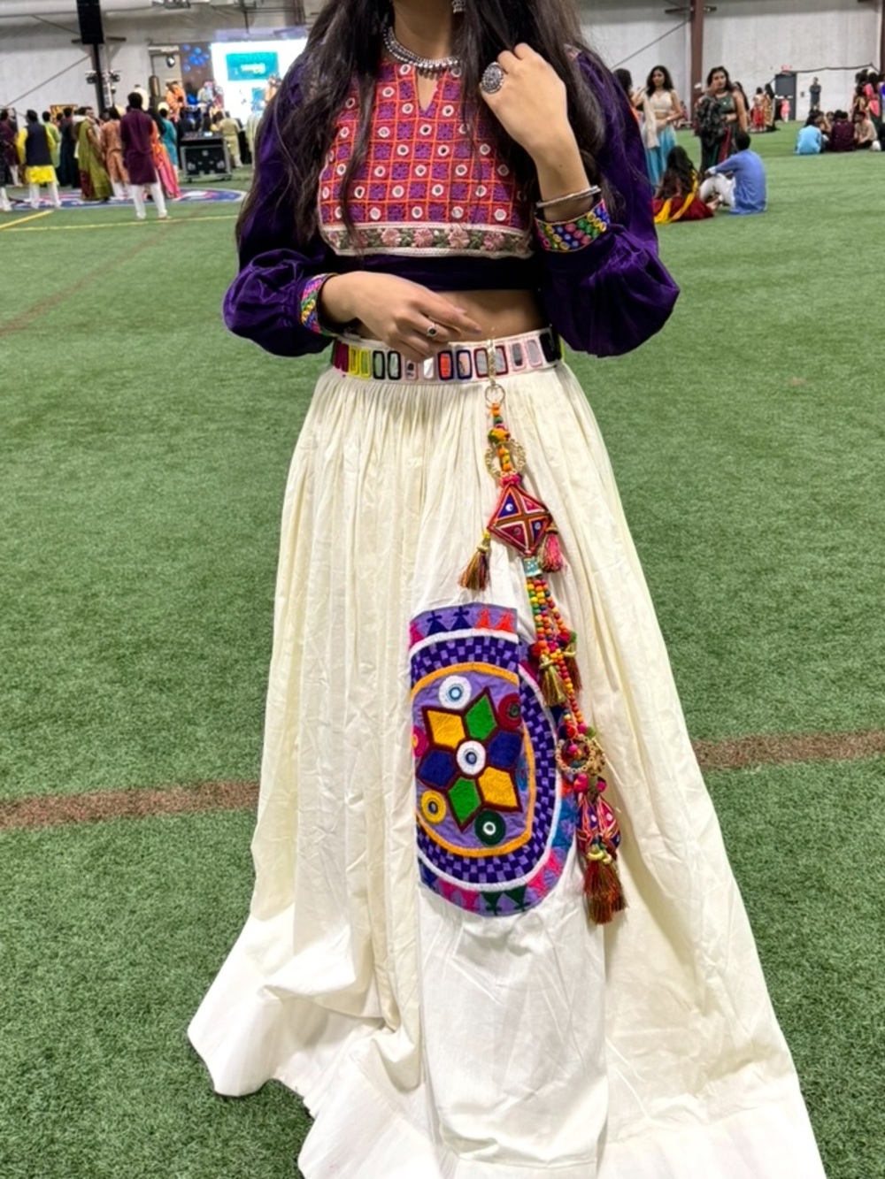 Traditional Embroidered Crop Top and Ivory Skirt Set - Multicolor Accents